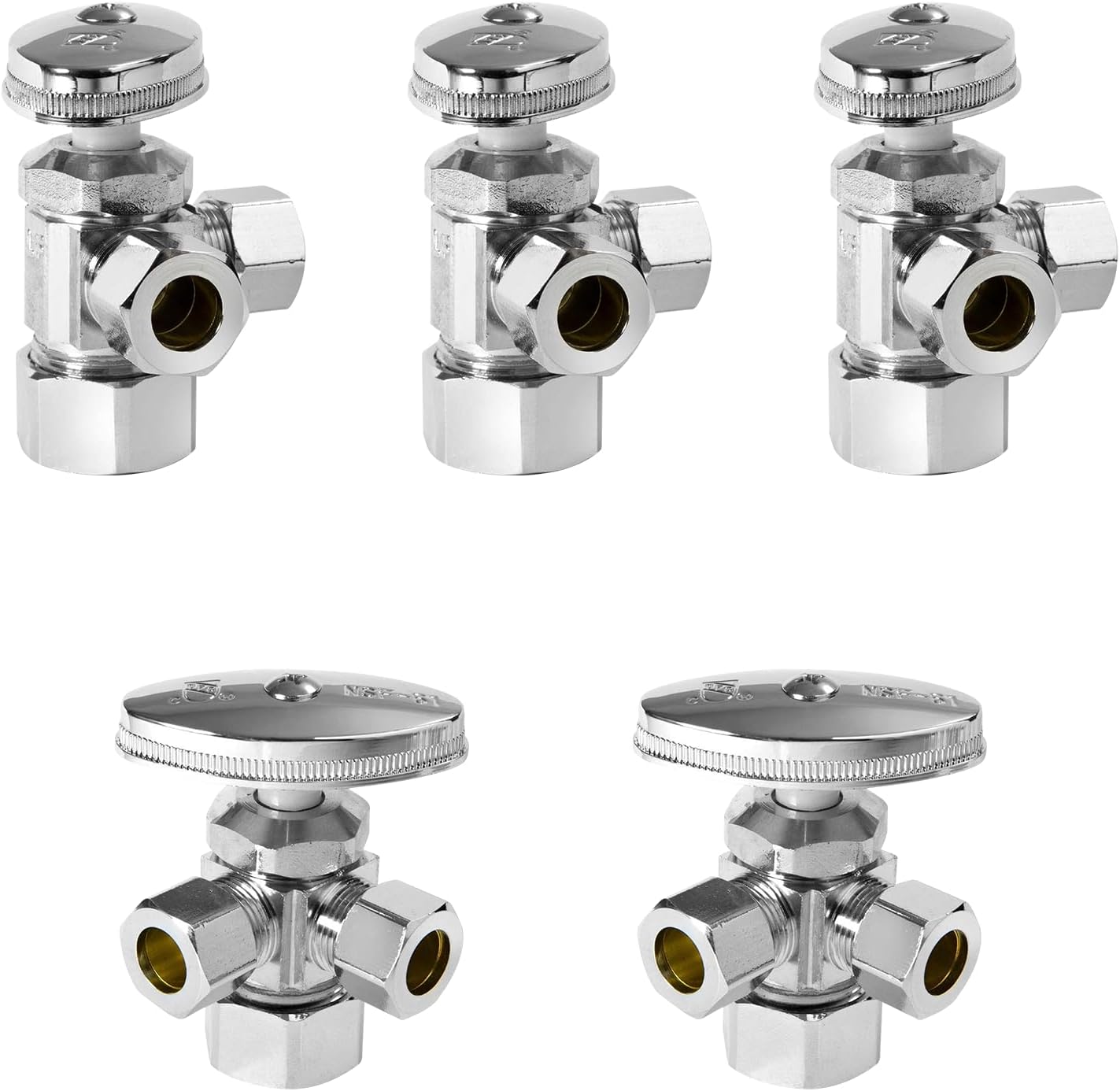 5-Pack Foskan Compression Multi-Turn Dual Angle Stop Valve, Shut off Valve 1/2" COM (5/8" OD) x 3/8" OD x 3/8" OD,Chrome Plated Brass