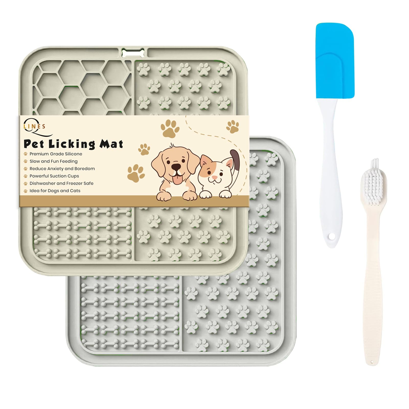 Licky Mats for Dogs Pack of 2 Licky Mats for Dogs with Strong Suction Cup - Slow Pet Feeder for Food, Peanut Butter Includes Spatula & Brush - Perfect for Grooming & Training (Grey/Begie)