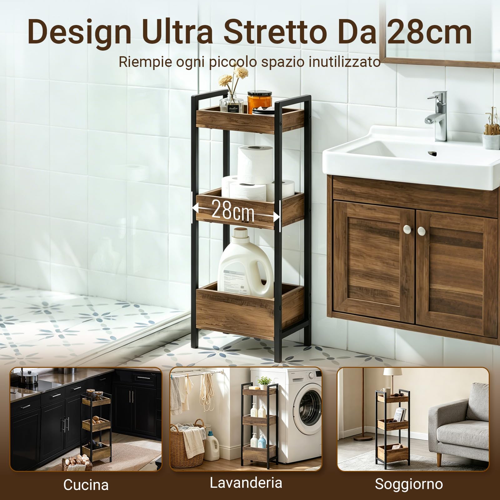 SoBuy Mobiletto Bagno Salvaspazio con 3 Ripiani Robusti – Mobile Bagno Stretto in MDF fino a 30kg, Armadietto Bagno color legno per piccoli bagni 28x20x74cm FRG226-F