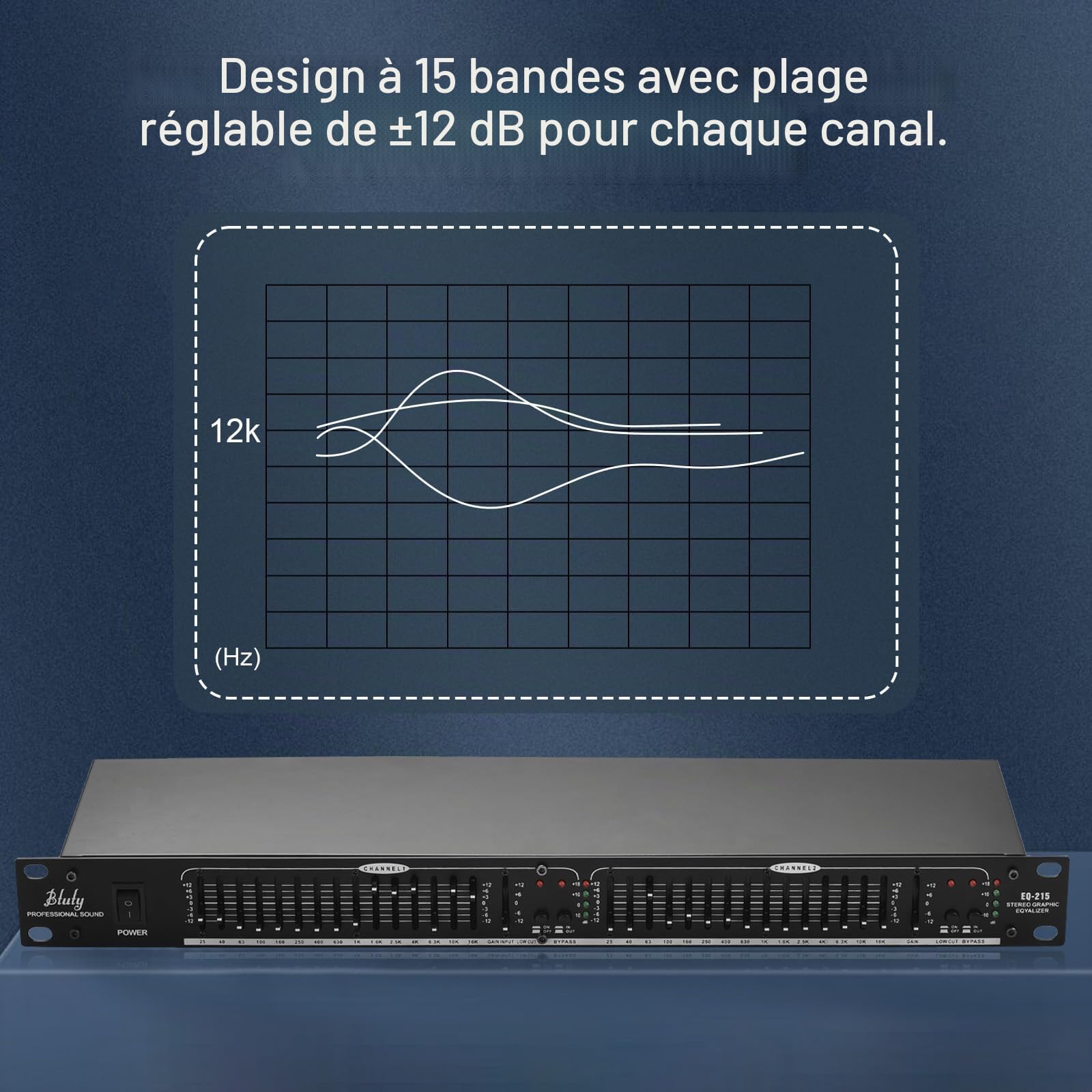 Btuty EQ-215 Égaliseur 15 bandes double canal 1U Égaliseur graphique stéréo 2 canaux à montage en rack