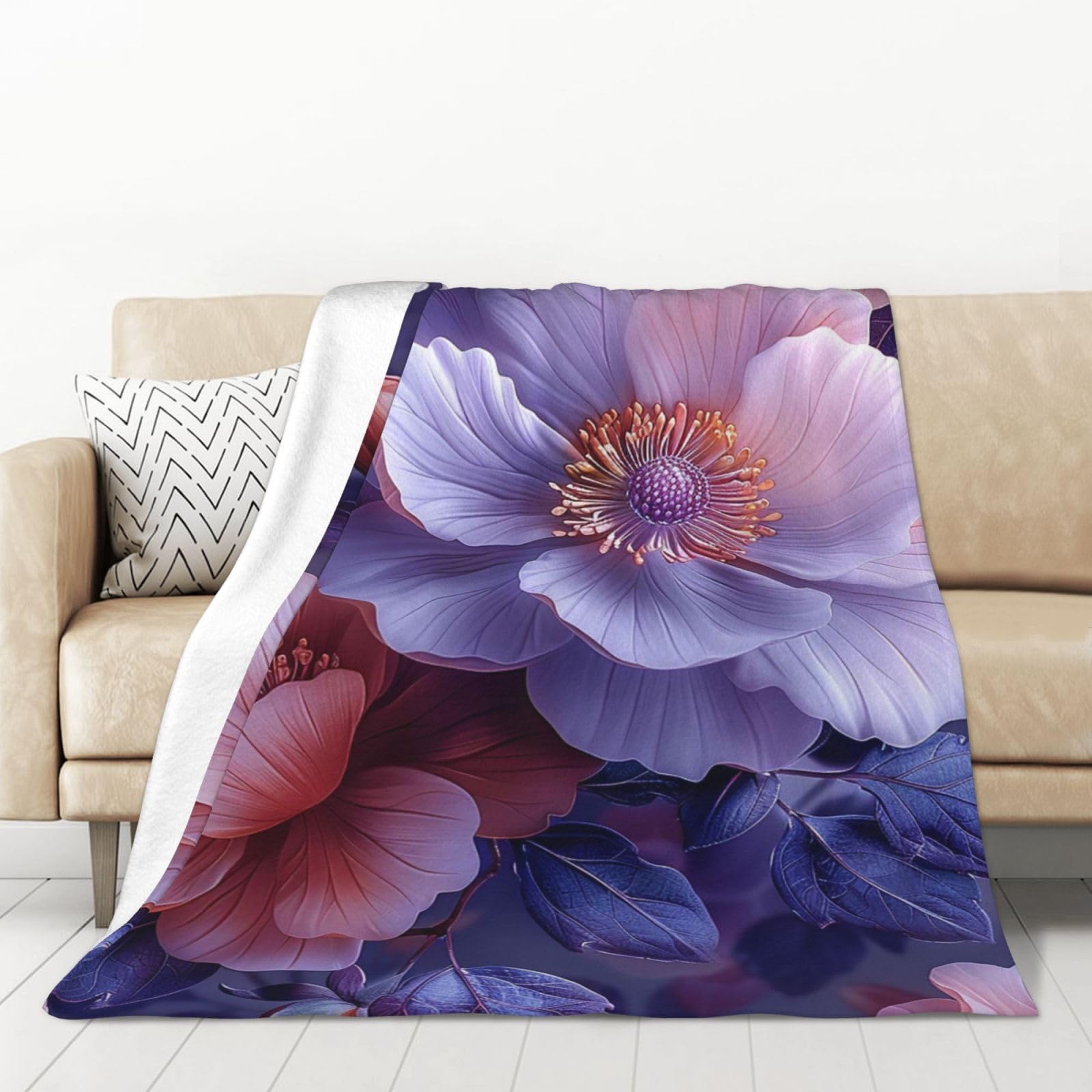 PAQOLSMCKR Throw Blanket Blush Floral Flannel Blankets for Sofa Reversible Plush Blanket Soft Cozy Throw Blankets for Couch Camping All Seasons