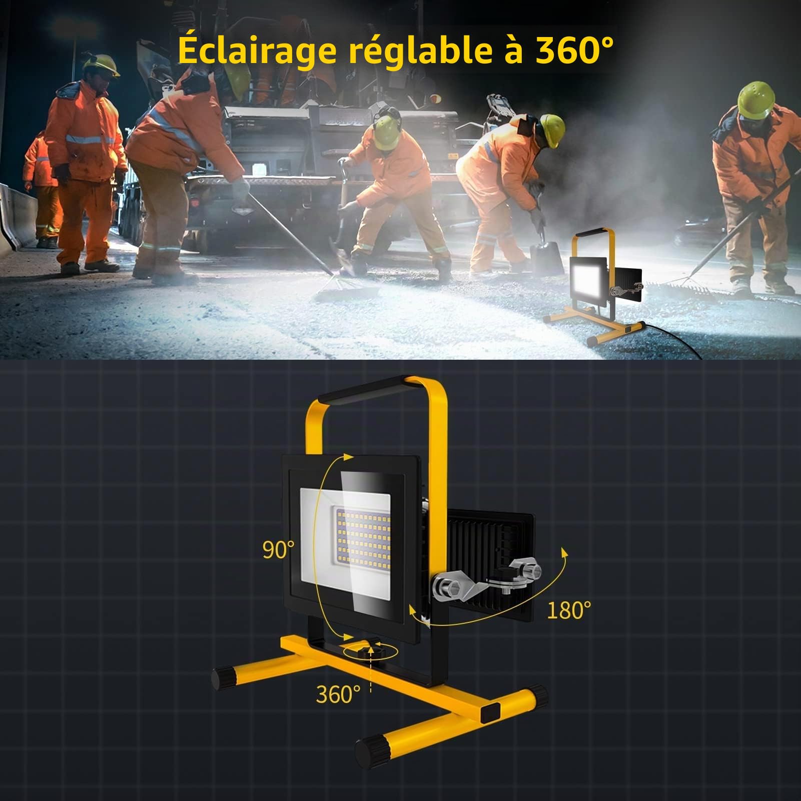 Viugreum Projecteur Led Chantier 100w 8000LM Luminaire Exterieur à Trois Têtes Avec Prise Câble de 3M Étanchéité IP65 Blanc Froid 6500K Portable Lampe Chantier pour Atelier Garage Construction