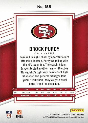 Miniatura 2 de 2022 Panini Elite Red Football 185 Brock Purdy Rookie Card 49ers - Only 399 made