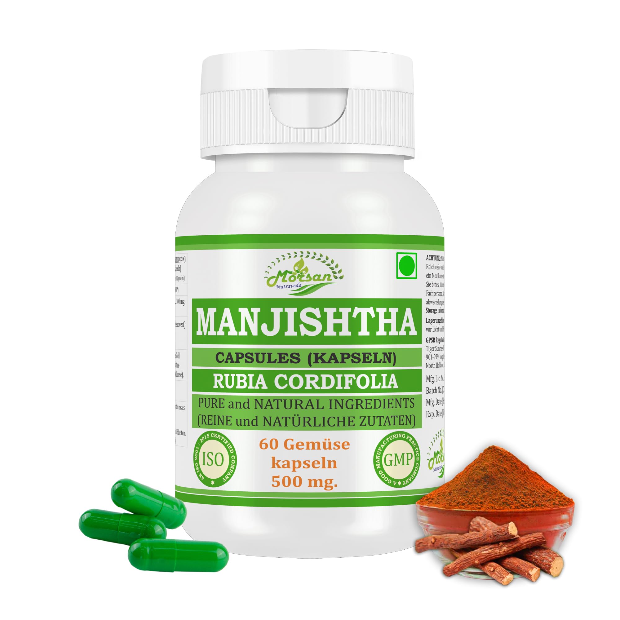 Manjishtha-Kapsel 500 mg. 60 Veganer. Einheiten | Manjith (Rubia Cordifolia) Extrakt-Kapseln für Männer und Frauen | Ayurvedische Kräuterergänzung/Heilmittel | 10:1 Stärke (1 Flasche mit 60 Kapseln)