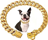 Vista 1 de Collares de perro de acero inoxidable plateado dorado con cierre de seguridad, collar de entrenamiento de eslabones cubanos de 18K, collar de perro