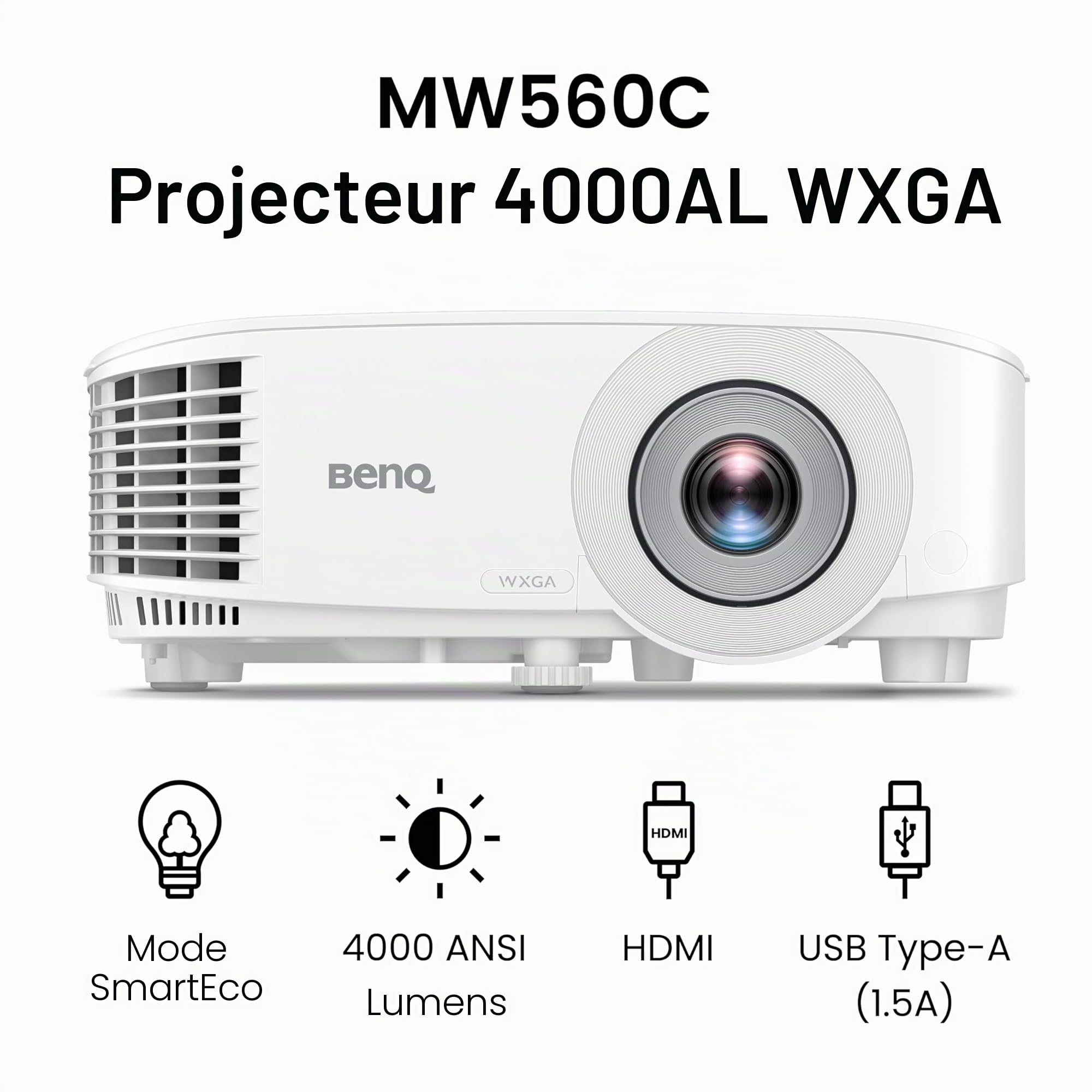 BenQ MW560C WXGA, projecteur DLP 4000 lumens, Contraste 20000:1, Installation Facile et Technologie SmartEco pour des Performances durables