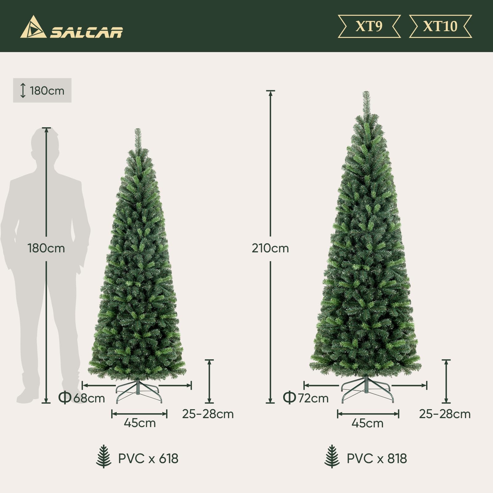 SALCAR Künstlicher Weihnachtsbaum Slim 180 cm, Tannenbaum Künstlich mit Handschuhen und Metallständer, Bleistift Christbaum PVC Grün