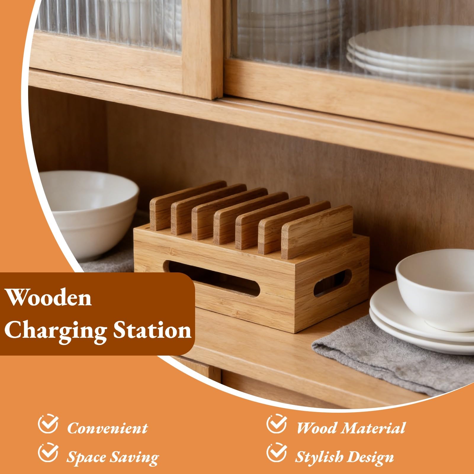 Stazione di ricarica in legno, 6 porte Multi Device Organizzatore di docking cellulare Stato di archiviazione per tablet per smartphone