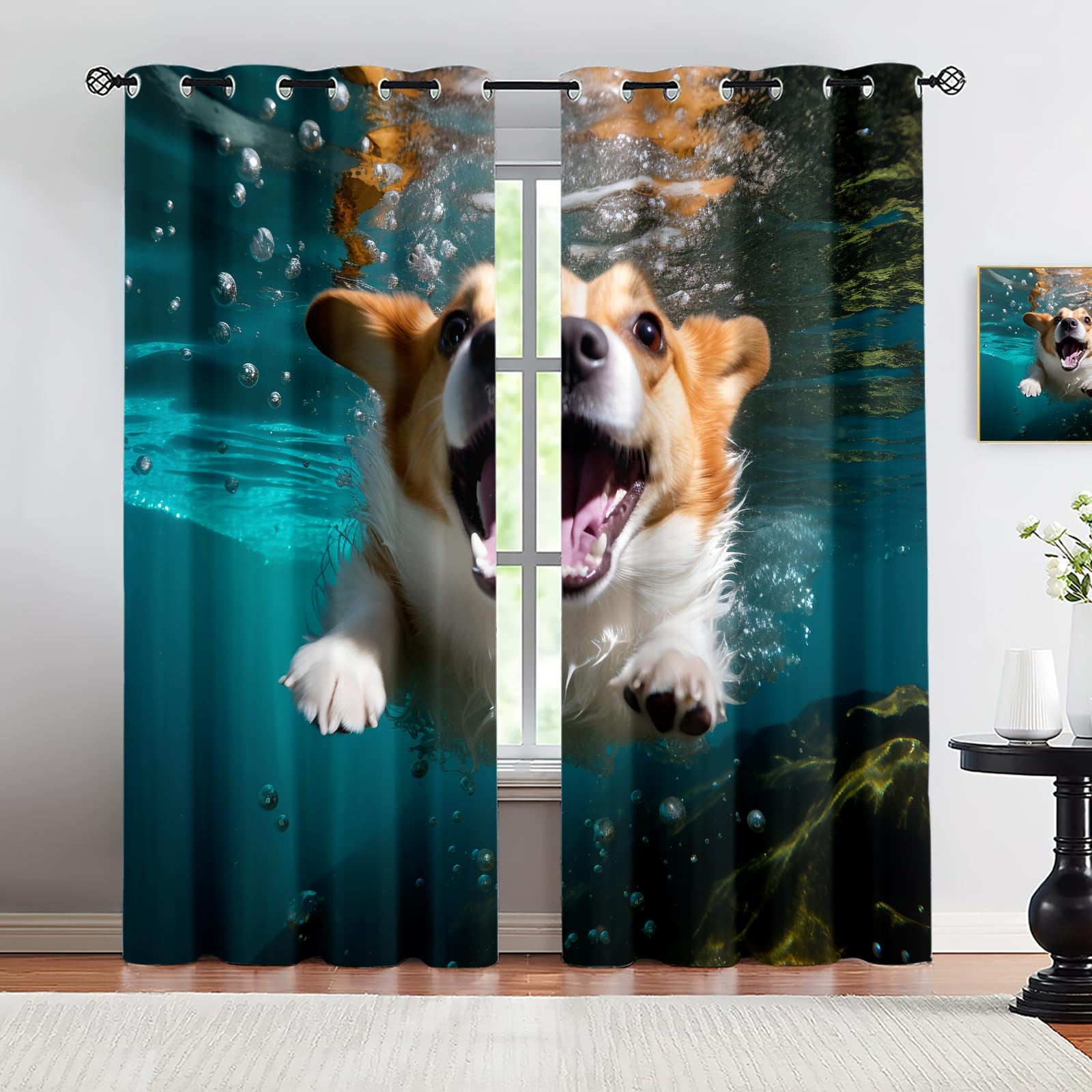 HYGIUID Underwater Photo of Happy Dog Corgi Puppy Swimming in Pool Happy Small Window Curtains, Short Curtains for Windows Kitchen for Kitchen Laundry Room Loft, 28" x 54.3", 2 Panels
