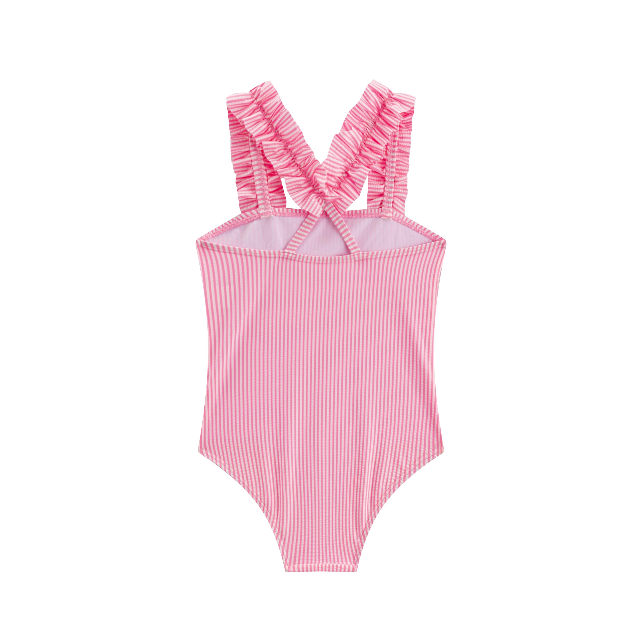 LIZENS Girls One Piece Swimwear Pink Stripe Ruffled Shoulder Straps Girls Swimsuit Size 2-12(BDG18202,10-12T)