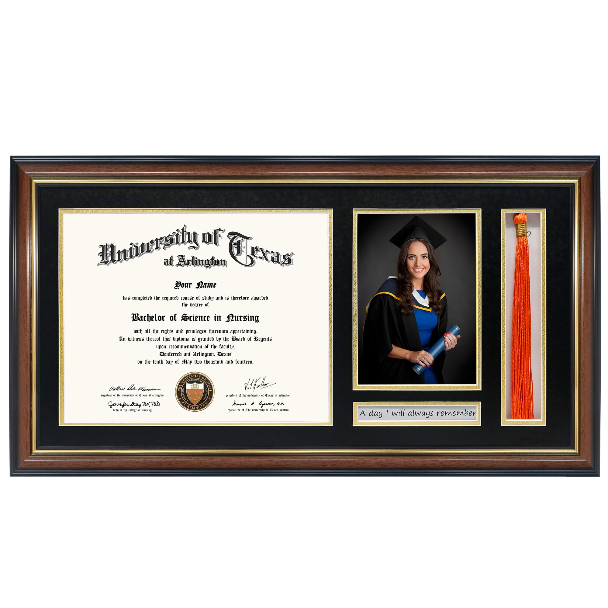 GraduationMall 11x22 Diploma Frame with Tassel Holder and Picture for 8.5x11 Certificate 5x7 Photo,Glass,Black over Gold Mat