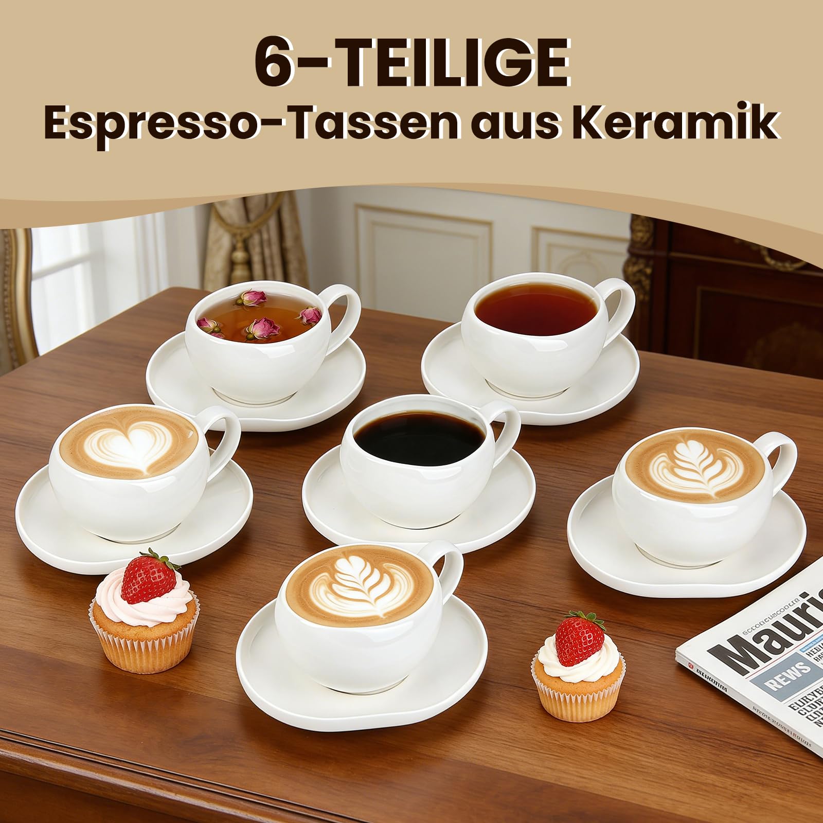 Filiżanki do cappuccino, filiżanki do kawy 200 ml, ze spodkami, serwis do kawy 6 osób, zestaw filiżanek do cappuccino, filiżanki do kawy dla miłośników kawy, cappuccino, latte, Americano i herbaty