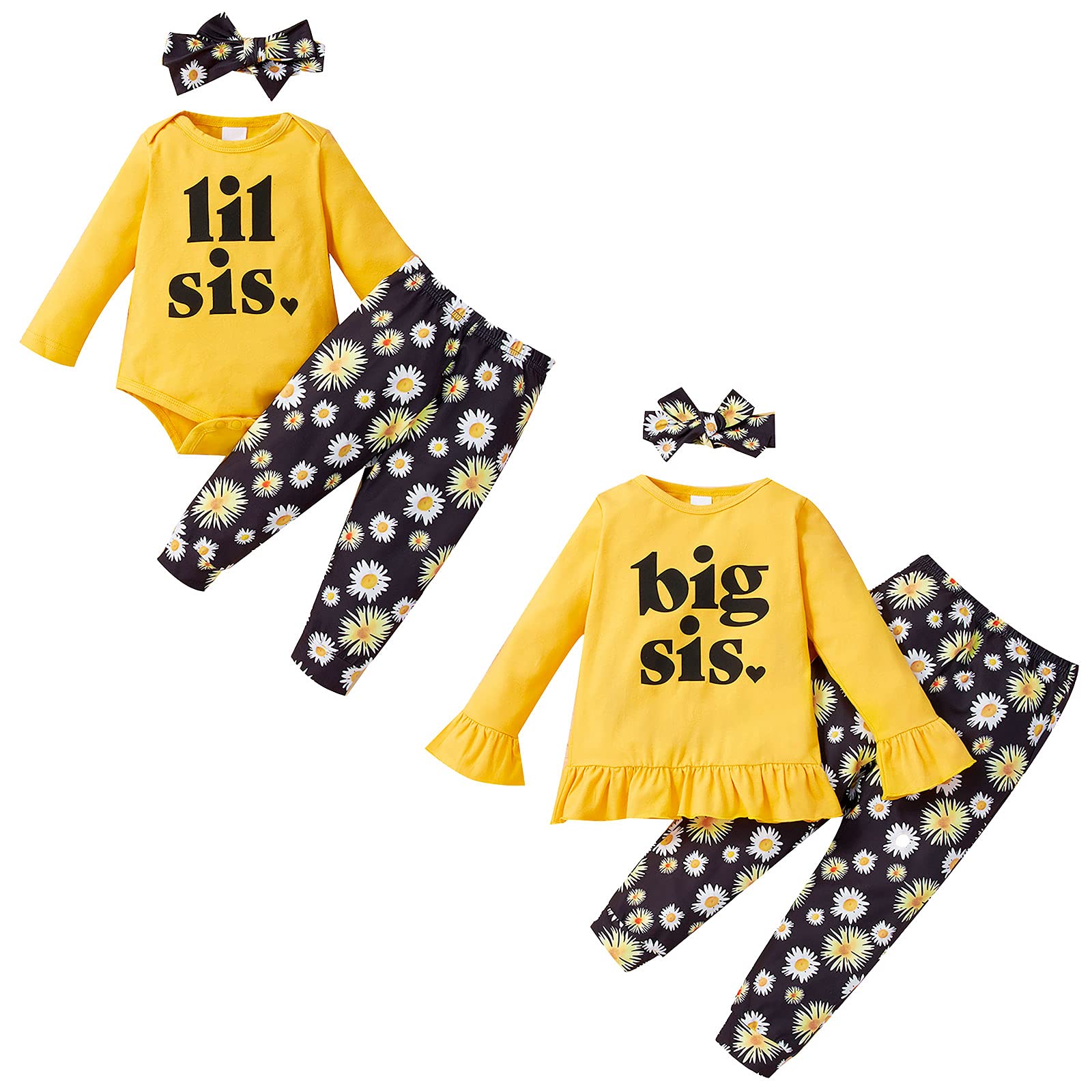 NCONCOLittle Sister Big Sister Matching Clothes Baby Girl Romper Top + Daisy Pants + Headband 3Pcs Outfit Set