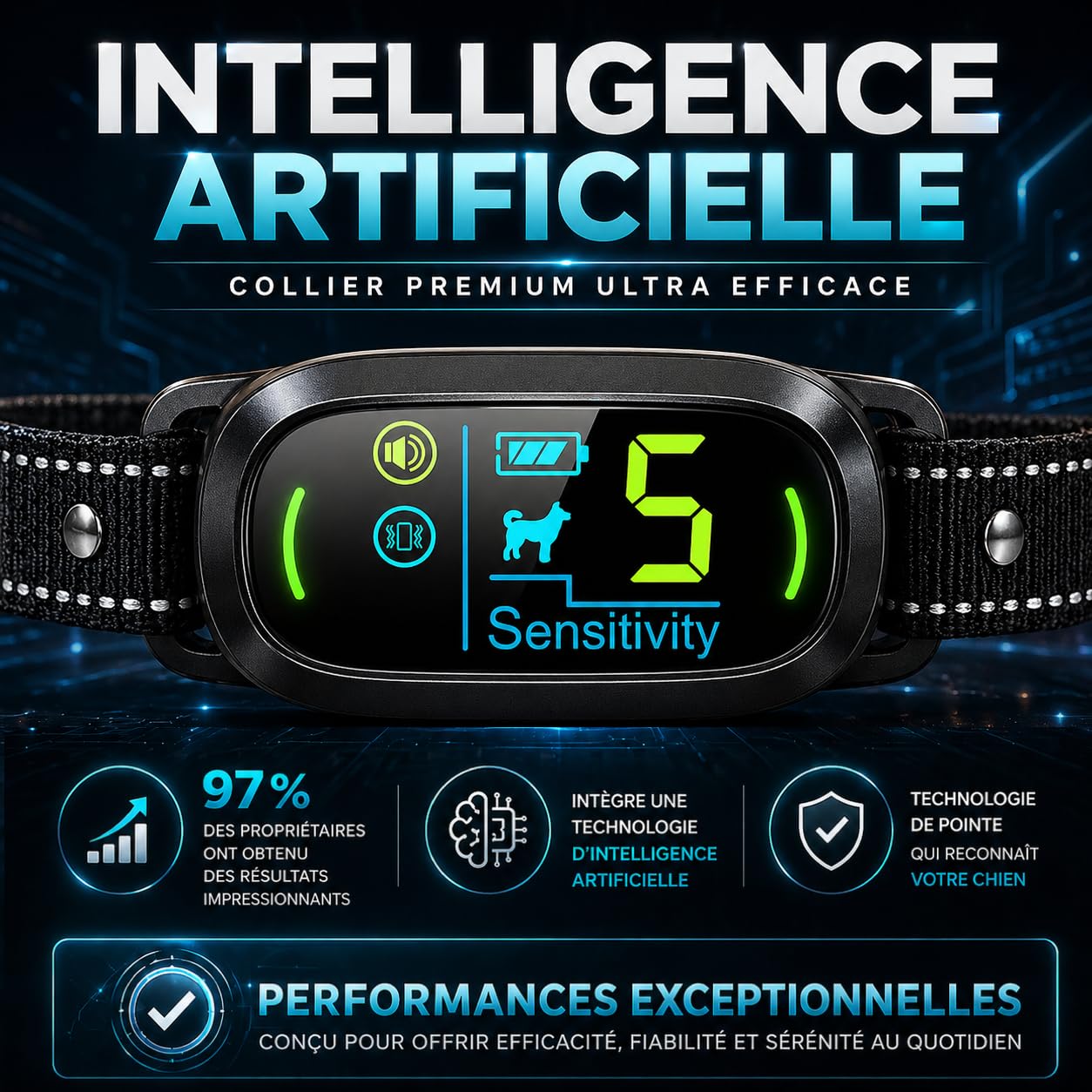 PAWPRO Collier Anti Aboiement Chien | Conforme Nouvelle Loi 2024 Bien-Être Animal | Intelligence Artificielle, Détection d’Aboiement, Écran Couleur | 3 Modes BIP, Vibration+BIP | Marque FR (Noir)