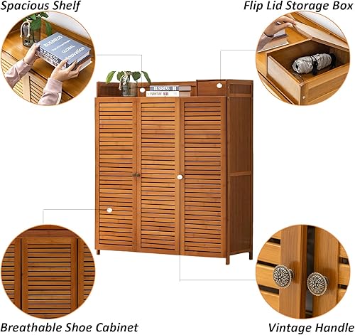 Miniatura 2 de LOYALHEARTDY Armario de almacenamiento de zapatos, estante organizador de zapatos de bambú de 7 niveles con puertas de obturación, impermeable,