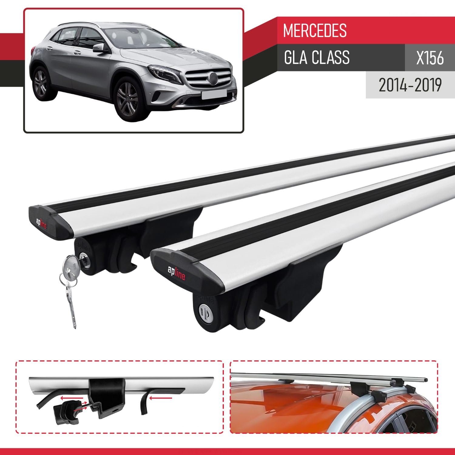 Compatible con Mercedes GLA Class (X156) 2014-2019 Modelo Hook Barra de Techo Auto Portaequipajes Barras Transversales Gris Aluminio 2 Barras