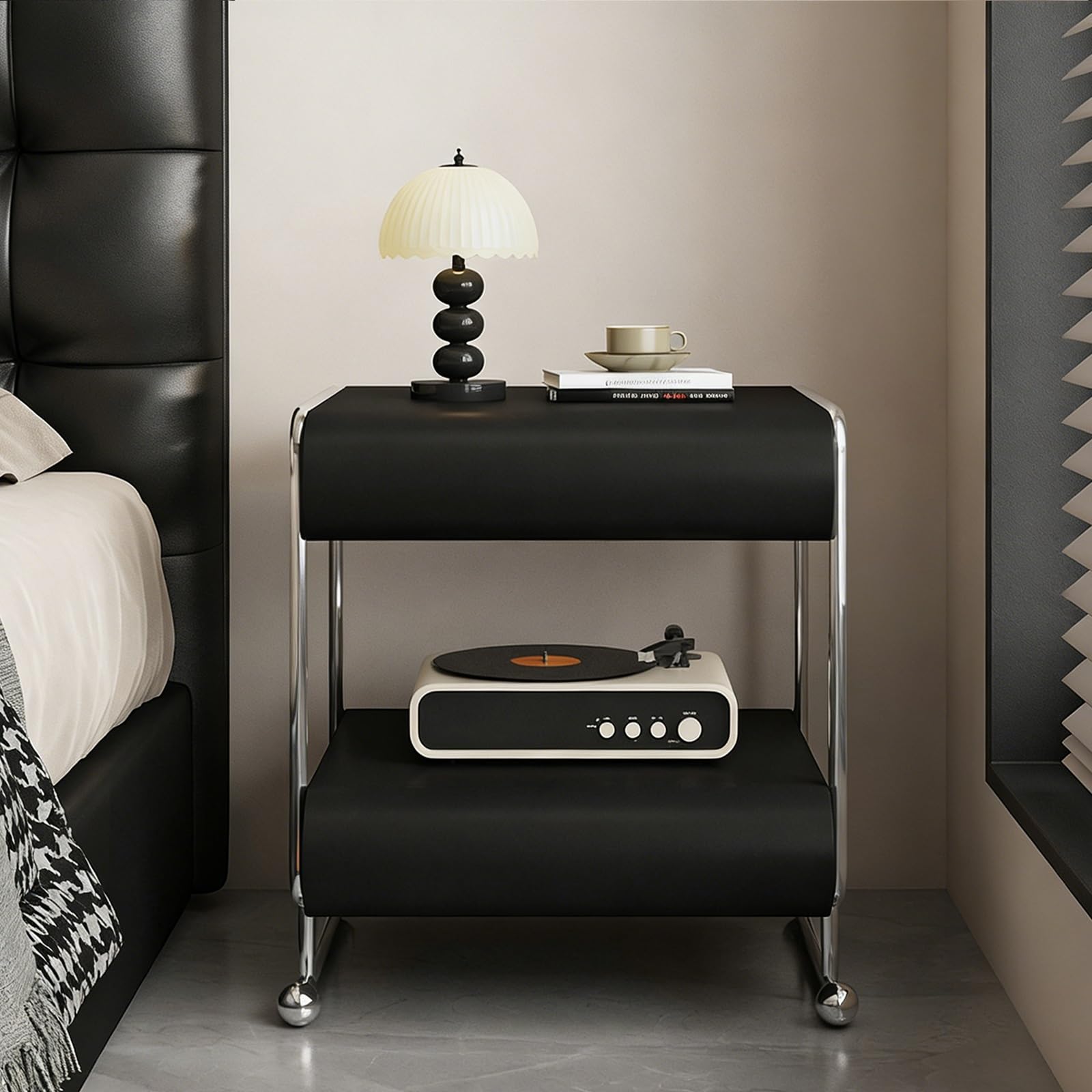 SXZenSpace Modern Nightstand with 2 Drawer and Open Shelf, Solid Wood Bedside Tables for Bedroom(Black,50x40x55cm)