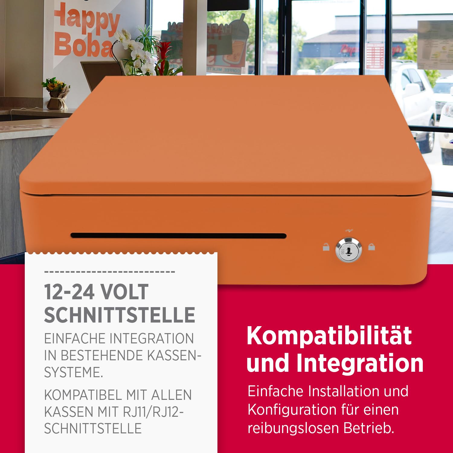 OLYMPIA S 330 Orange | Cassetto contanti con 8 scomparti per monete e 4 scomparti per banconote, robusto cassetto per cassa in metallo, registratore di cassa controllabile elettrico con serratura e