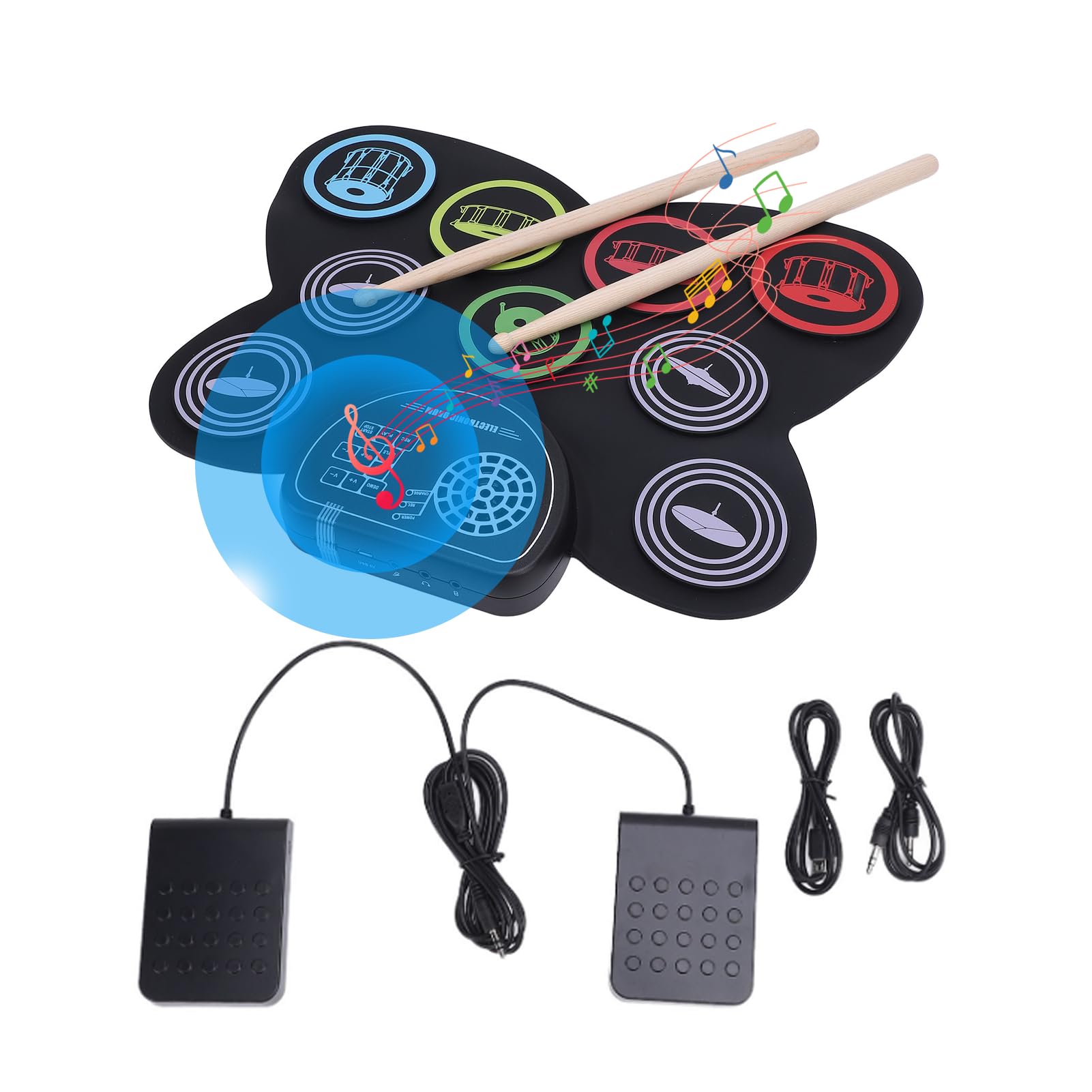 Batería Electrónica, Portátil Multifuncional 9 Pads Roll Up Drum Pad, Batería Eléctrica Portátil con Pedales Baquetas, Conector para Auriculares, Altavoz Doble Incorporado