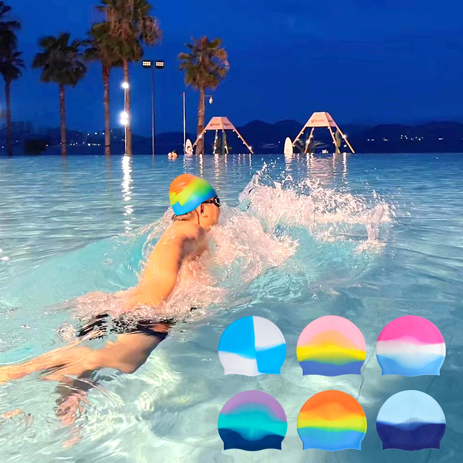 6 Stück Silikon-Badekappe für Erwachsene, Silikon-Badekappe für Damen, Herren, Kinder, hohe Elastizität, dicke Schwimmbadkappe, Silikon-Badekappe für langes Haar, kurzes Haar, Silikon, Duschhaube