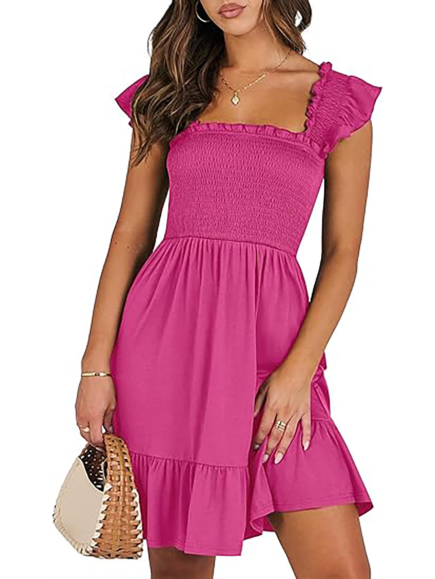Sommerkleid Damen Kurz Kleid Eckiger Ausschnitt Gesmokt Strandkleid Sexy Rückenfrei Minikleid Sommer Rüschen Trägerkleid Mode Einfarbig Skaterkleid Abendkleid