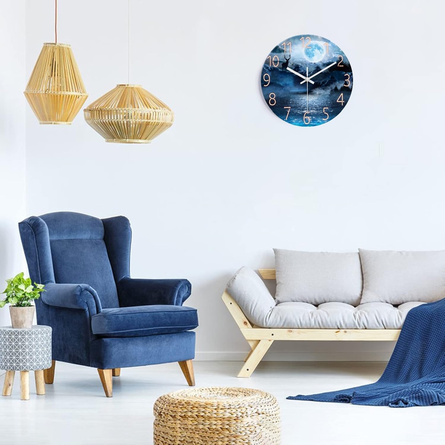 XFM Blue Wall Clock 14 Inch Round Silent Wall Clocks Battery Operated Glass Moon Forest Deer Decorative Clock for Kitchen Living Room Home Office