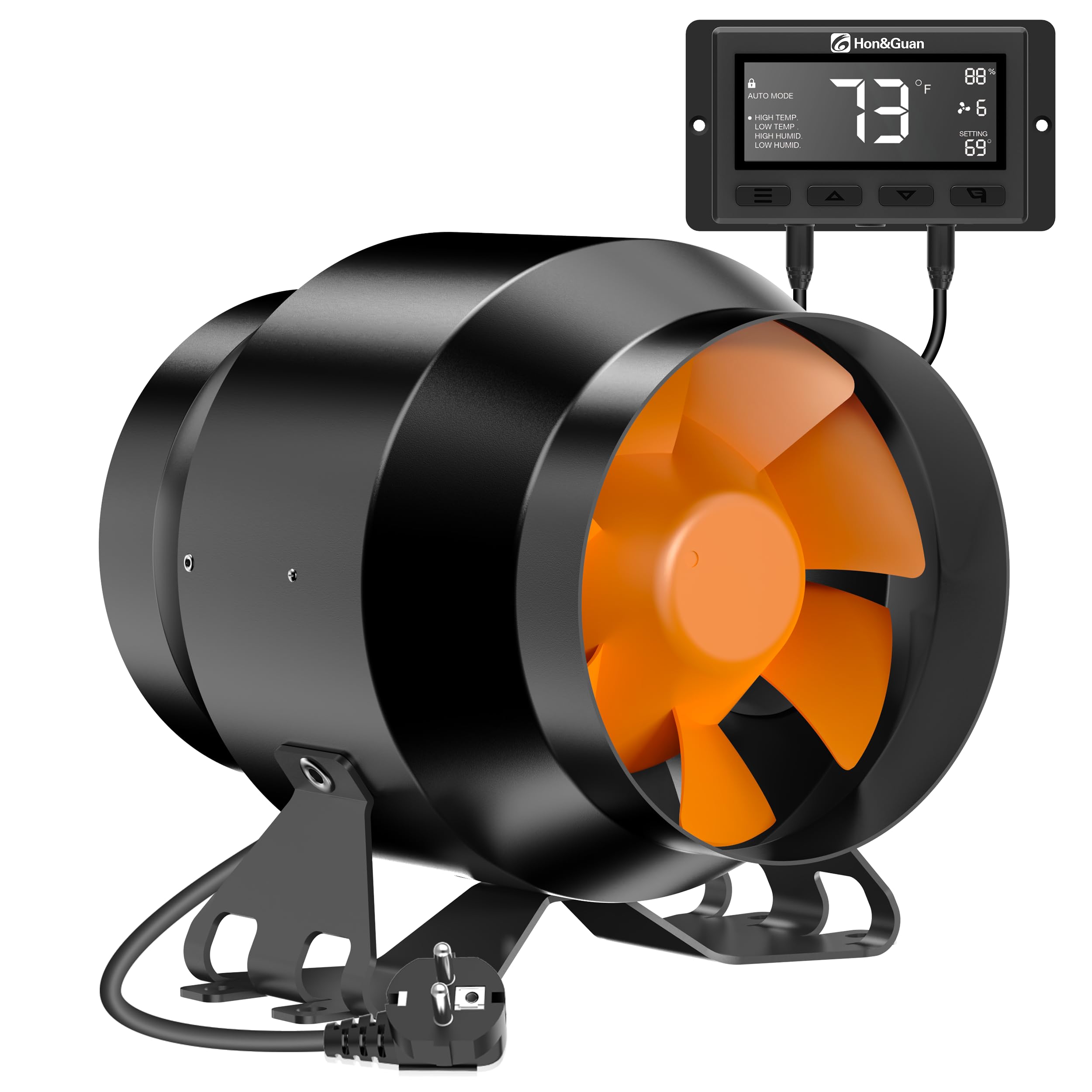 Hon&Guan EC Rohrventilator 100mm mit Temperatur- Feuchtigkeitsregler Drehzahlregler, Rohrlüfter 360 m³/h mit Intelligenter Kontroller EU-Stecker für Growzelt Gewächshaus Aktivkohlefilter 3D-Drucker