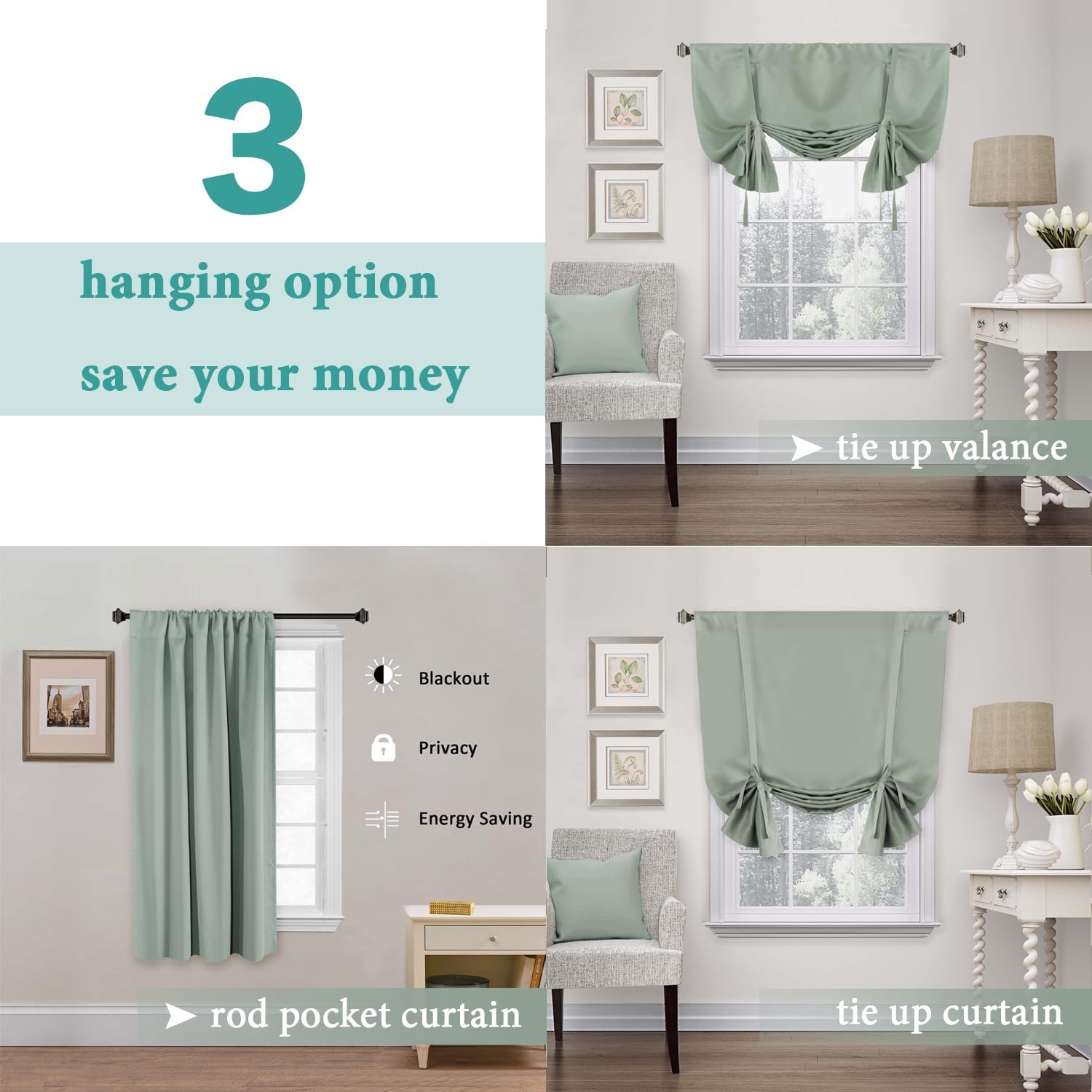 Blackout Tie Up Curtains for Windows, Three-Layer Woven Roman Curtains, Thermal Insulated Balloon Curtain, Shade Rod Valance for Kitchen, Living Room, Bedroom, Green, 42" Wx63 L