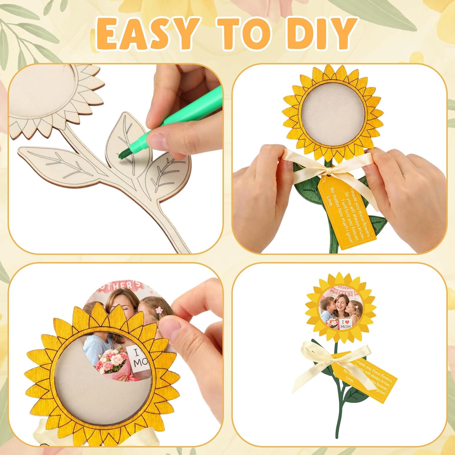 Lineshading 24 Sets Mother's Day Craft Gift DIY Wood Flower Shape Picture Frame DIY Coloring Flower Picture Frame with Card Ribbon Handmade Gifts from Daughter Son for Mom Classroom Arts Activities