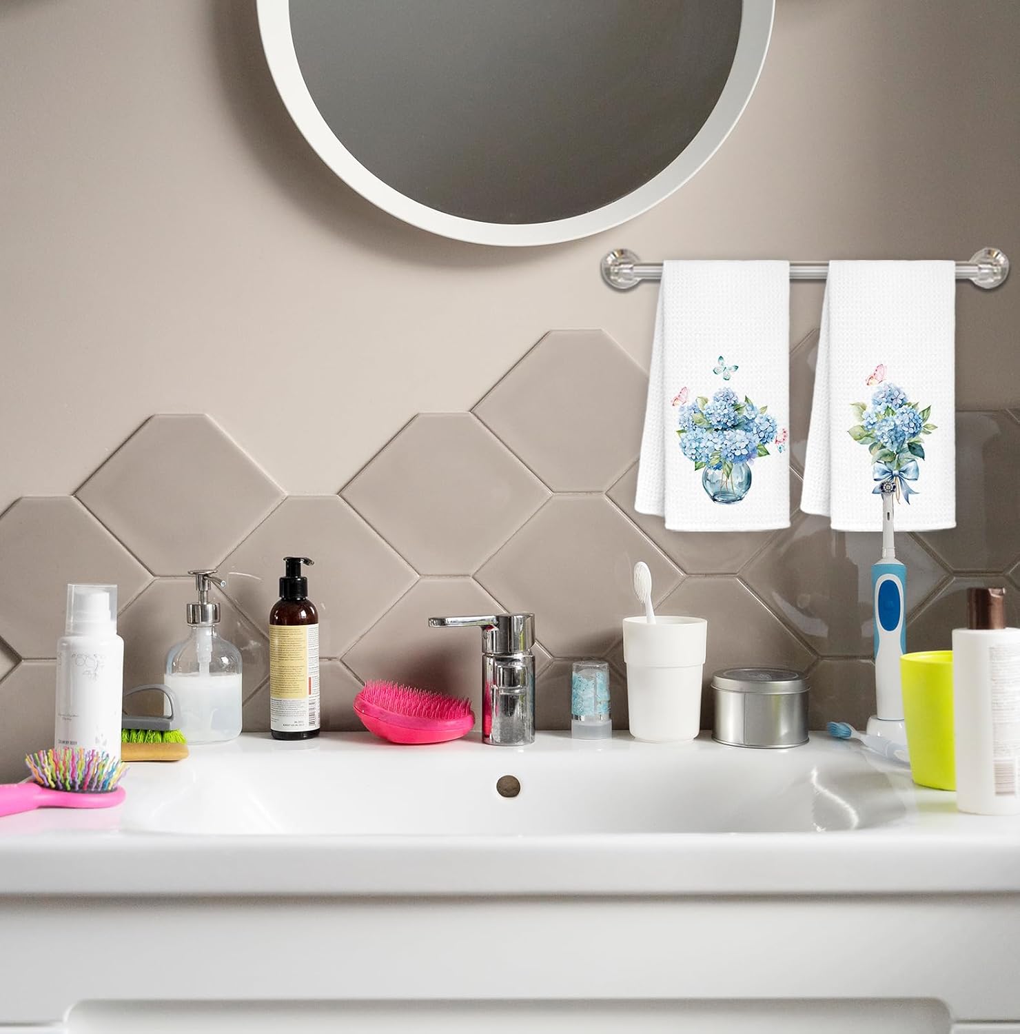 Blue Hydrangea Floral Bathroom Hand Towels Set of 2, Girly Bow Cottagecore Hand Towels for Bath Room Washroom Powder Room, Hydrangea Flower Botanical Kitchen Dish Towel, 16x24 Inch - Image 6