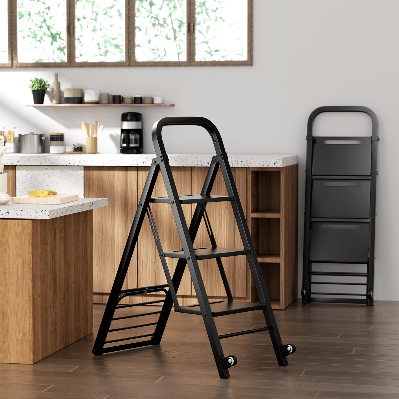COSTWAY 2 en 1 Carretilla Plegable, Combinación de Carretilla de Mano & Escalera de 3 Peldaños, con 2 Ruedas y Bastidor Metálico Resistente, Carretilla Carga Máx 250 kg, Escalera Carga Máx 200 kg