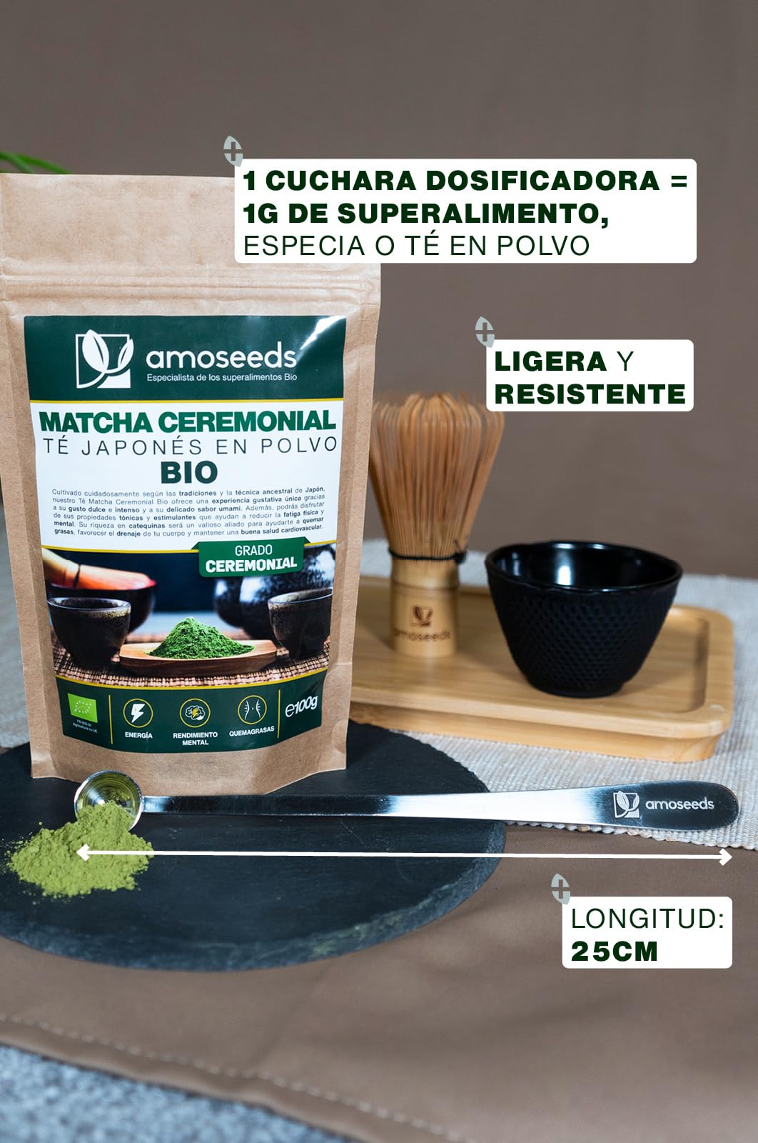Cuchara dosificadora para té | Dosis de 1 gramo | Acero inoxidable 18/10 | Primera Calidad (25 cm)