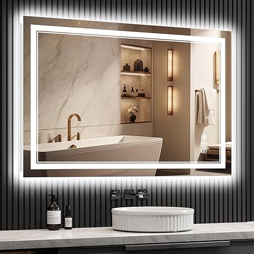 Espejo de baño LED mejorado de 48 x 32 pulgadas con luces, frontal y retroiluminado, antiniebla, regulable, espejo de baño iluminado para pared,