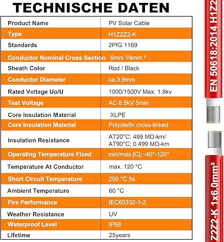 Miniatura 7 de Oududianzi Cable de panel solar de 30 pies, cable solar de 10 AWG H1Z2Z2-K de cobre estañado, cable de extensión solar para exteriores para sistema