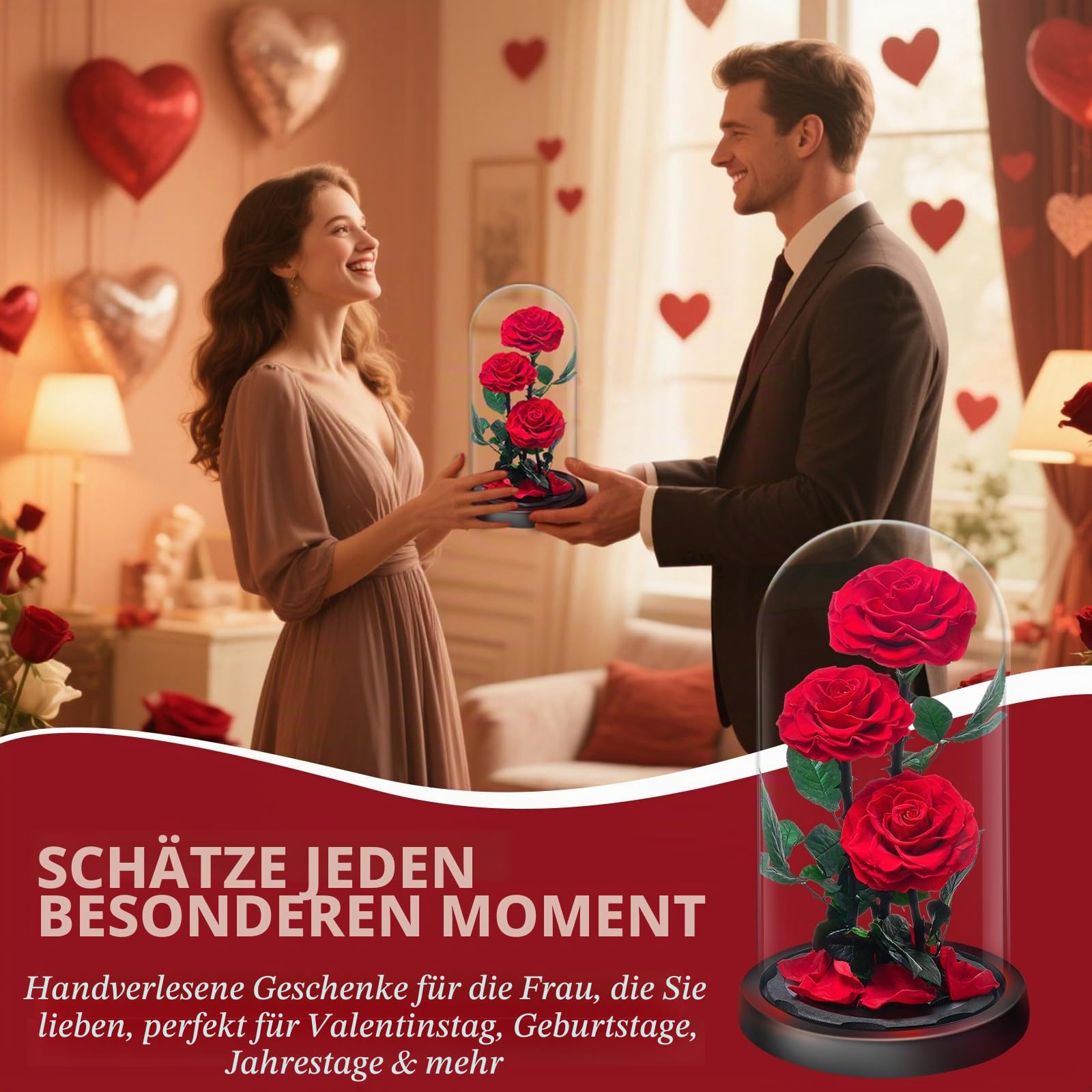 Ewige Rose im Glas, Drei Rote Rosen, Konservierte Echt Blume für 5 Jahre, Infinity Rose, Besondere Geschenk für Frauen, Mama, Freundin, für Sie, zum Valentinstag, Jahrestag, Geburtstag, Muttertagn