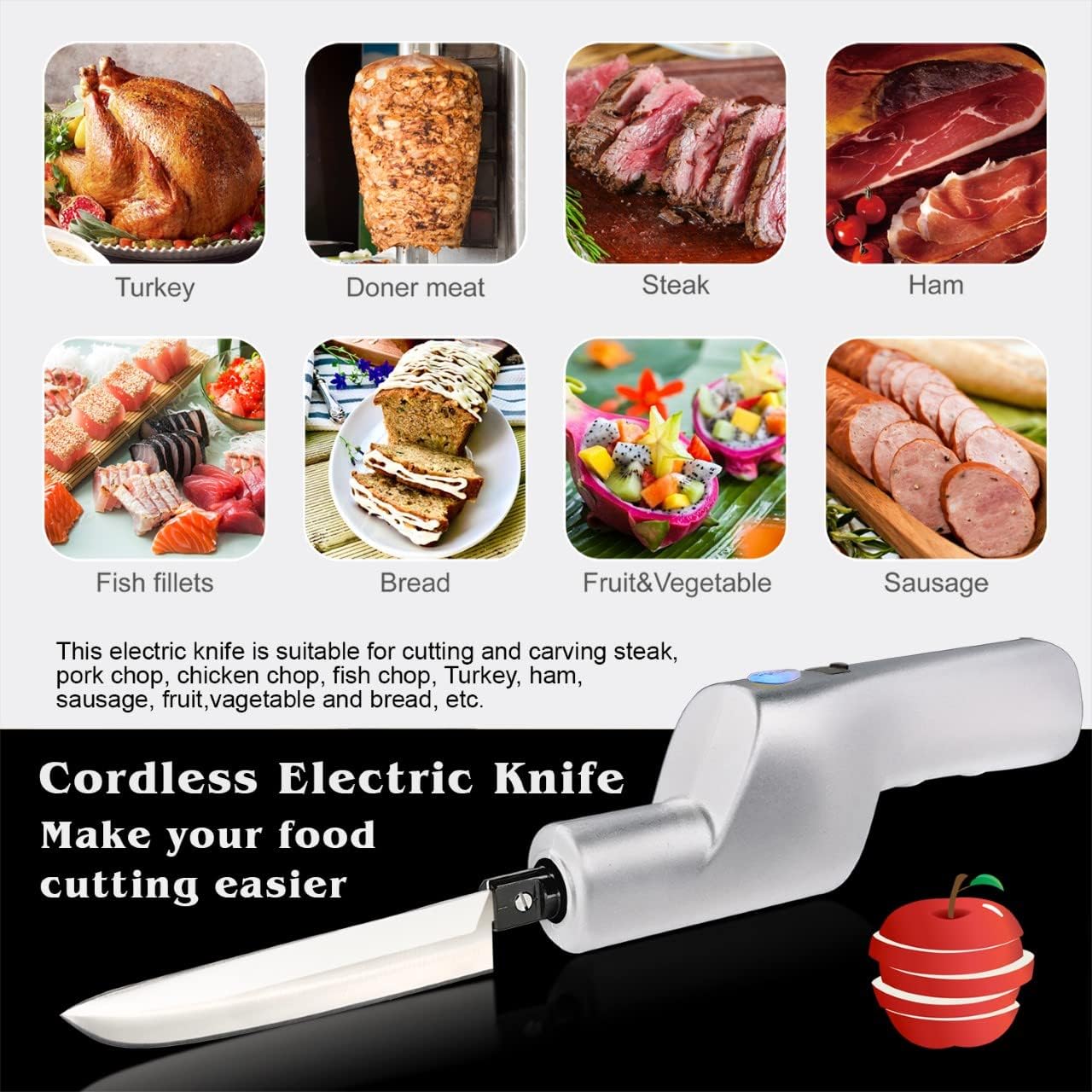 JNSTU Professional Cordless Electric Knife, Turkey Knife, Portable Rechargeable Lithium Electric Knife with Safety Lock, Used for Carving Meat, Turkey, Steak, Fish, Poultry, Vegetables, Handmade : Home & Kitchen