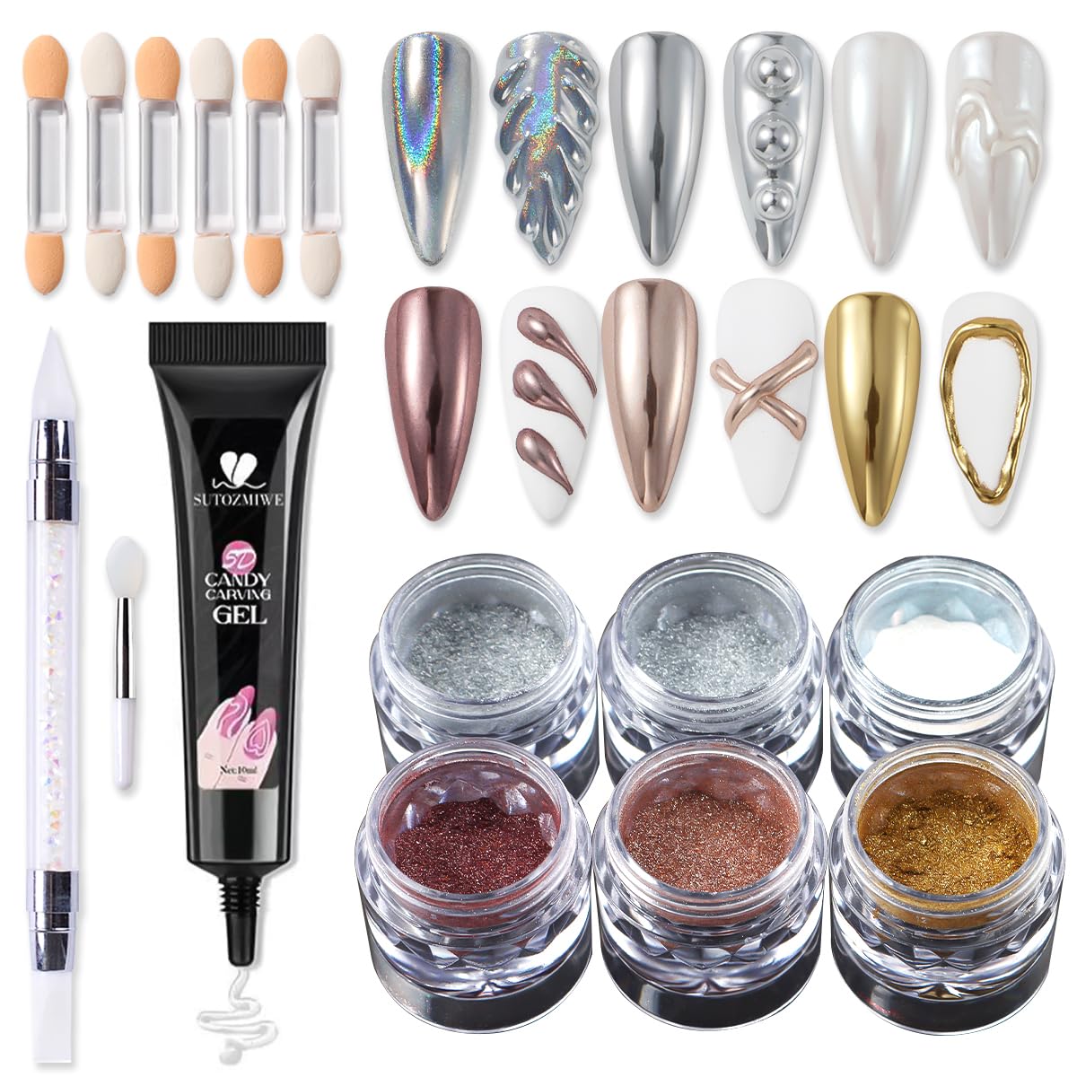 Kit de polvo de uñas cromado y gel de uñas 3D, efecto espejo metálico, polvo cromado para arte de uñas, pigmento iridiscente holográfico de polvo de inmersión Aurora y gel de escultura de