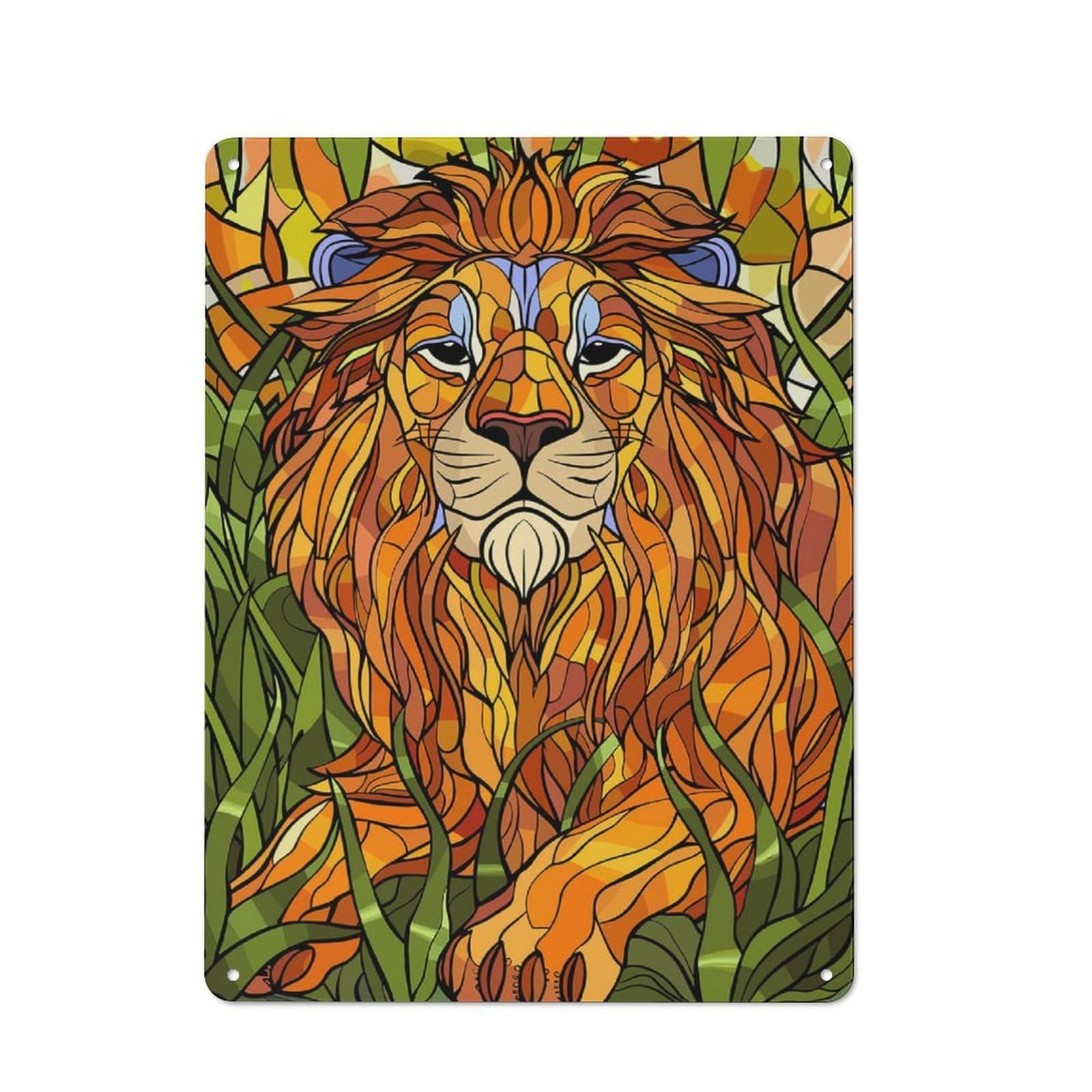 40x30cm Retro Metal Sign with Stained Glass Lion in Tall Grass for Living Room Or Hallway, for Living Room Decor Lovers Refreshing A Room in Autumn