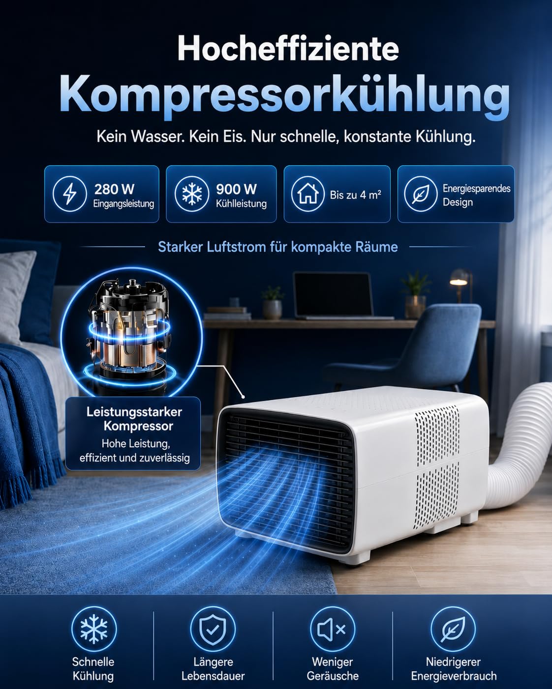 Tragbare Klimaanlage, 2700 BTU, 3-in-1, für Haus und Wohnwagen | Kühlen, Entfeuchten und Lüften von Haus und Wohnwagen; Nachtmodus, Fernbedienung, Timer und Abgasrohr