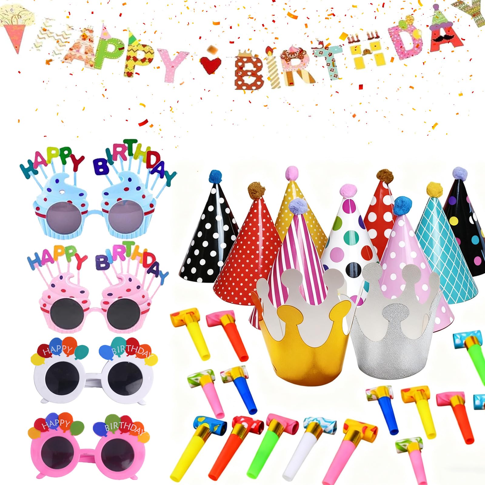31pcs Party Hats Set for Adults, Suitable for All Age Groups11pcs Birthday Cone Hats With Pom Poms (9 Birthday Hat And 2 Crowns), 15 Party Blowers, 1 Happy Birthday Banner, 4 Birthday Glasses
