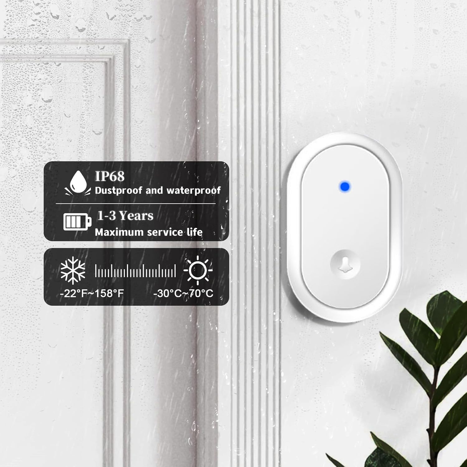 Timbre Inalámbrico para Puerta, Timbre Impermeable 3 Transmisor y 3 receptores con LED Flash Volumen Ajustable 60 Melodías 300M Rango,Blanca
