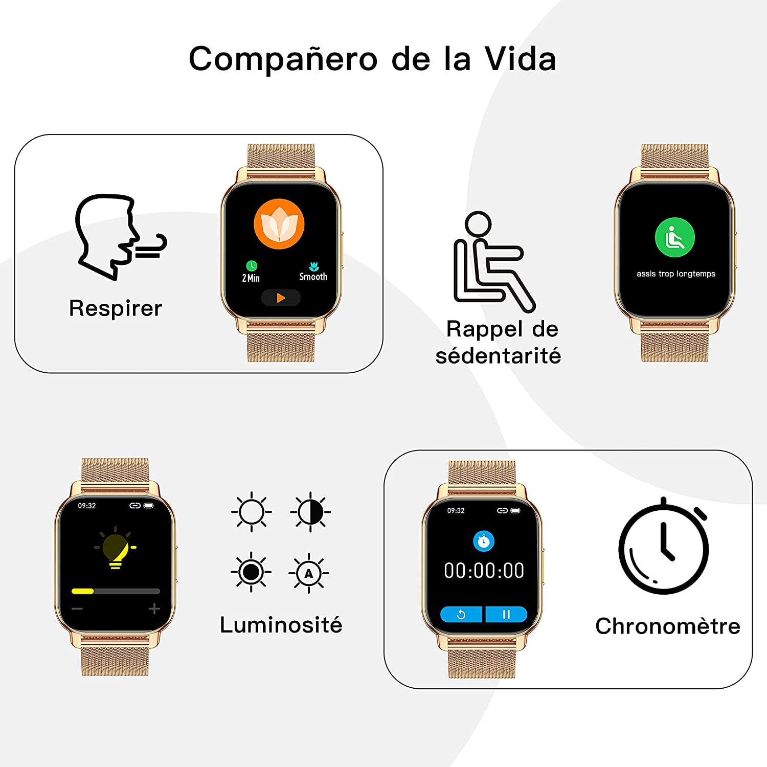 Popglory Montre Connectée Femme Homme avec Appel Bluetooth, 1,85'' Sport Smartwatch Moniteur de Fréquence Cardiaque/Tension Artérielle/SpO2/Podomètre/Sommeil, Montre Intelligente pour Android iOS