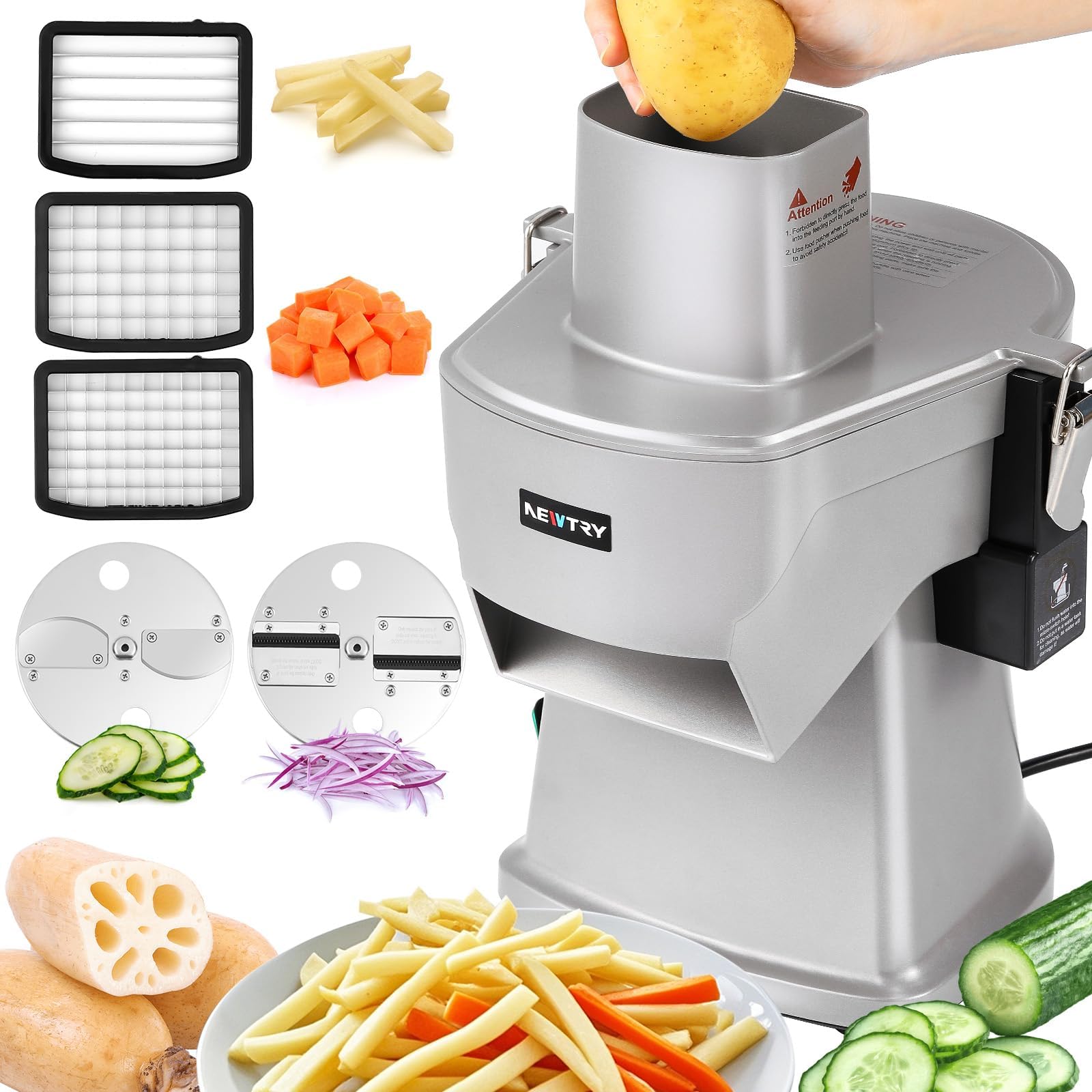4 in 1 Electric Vegetable Slicer Dicer Shredder & Strip Cutter, Commercial Automatic Multifunctional Food Chopper for Veggies & Fruits, with Thickness Adjustable Blades, 110V, 200W