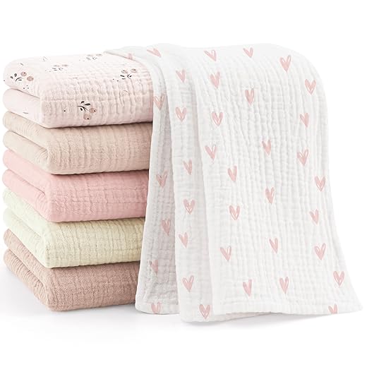 Bearmoss 6 Pack Large Muslin Burp Cloths, 100% Cotton Soft Baby Burping Cloths for Boy, Girl, 23.6" X 23.6" Absorbent Milk Spit Up Rags, Newborn Essentials (Pink Print)