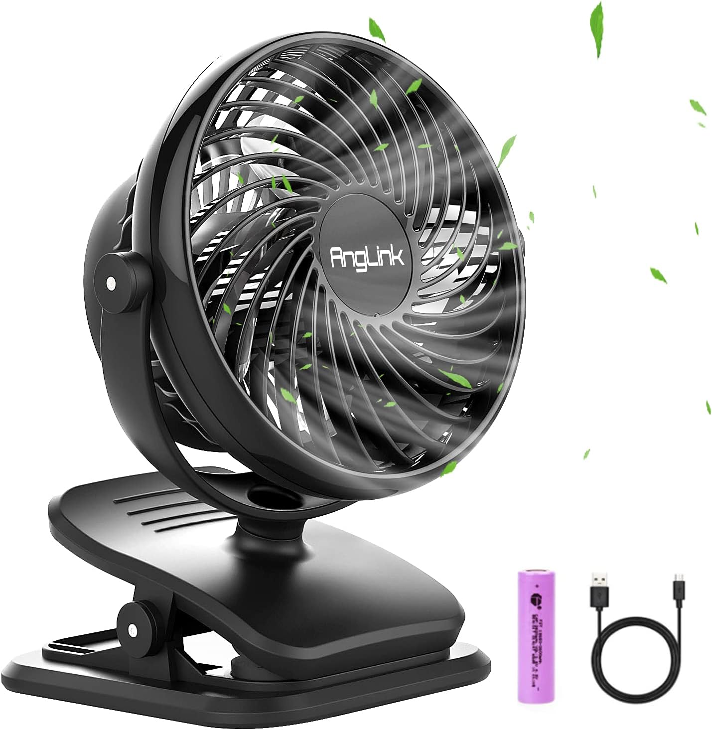 Anglink Clip on Fan for Stroller, Rechargeable Battery Mini Desk Fan, 4 Speeds, Black
