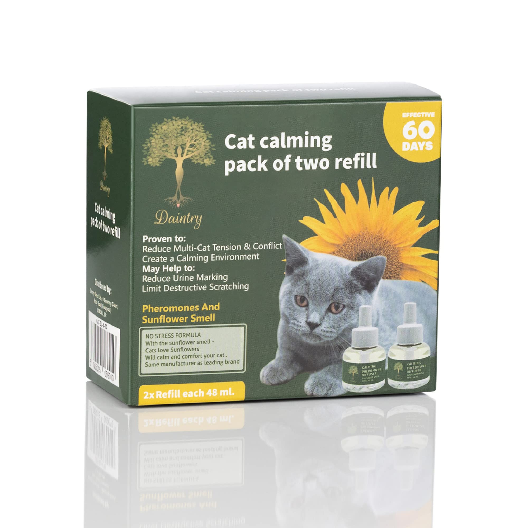 Cat Calming Diffuser with Feline Pheromones, Sunflower Scent, Stress & Anxiety Relief for Cats, 30-Day 2 x 48 ml Refills, Easy Plug-In Solution for Calming. Diffuser not include