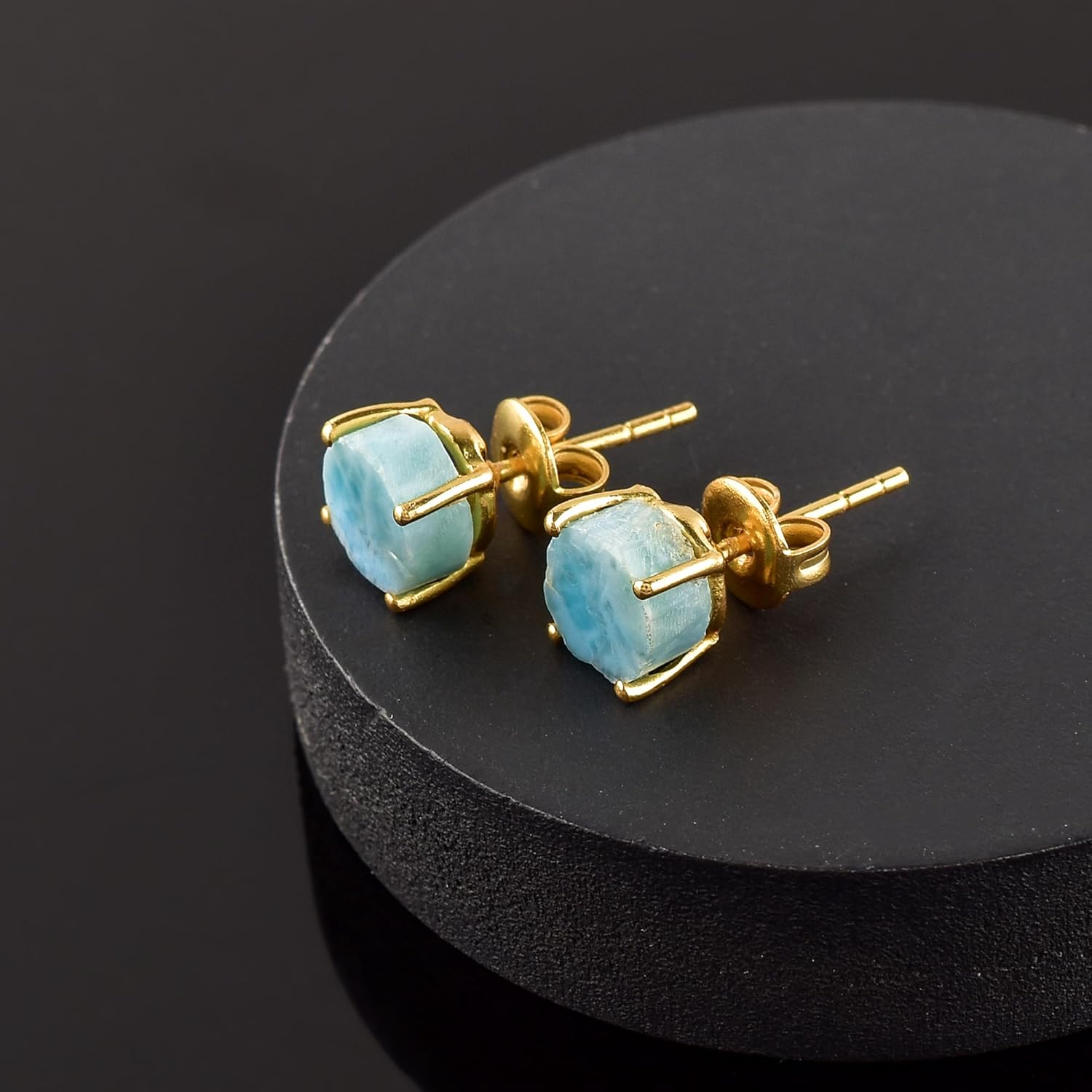 Raw Gold Stud Earrings For Women Natural Gemstone Dainty Pair, Birthstone Energy Crystals Jewelry 14K Gold Plated Flat Back Earrings Trendy Gifts For Mom - Image 2