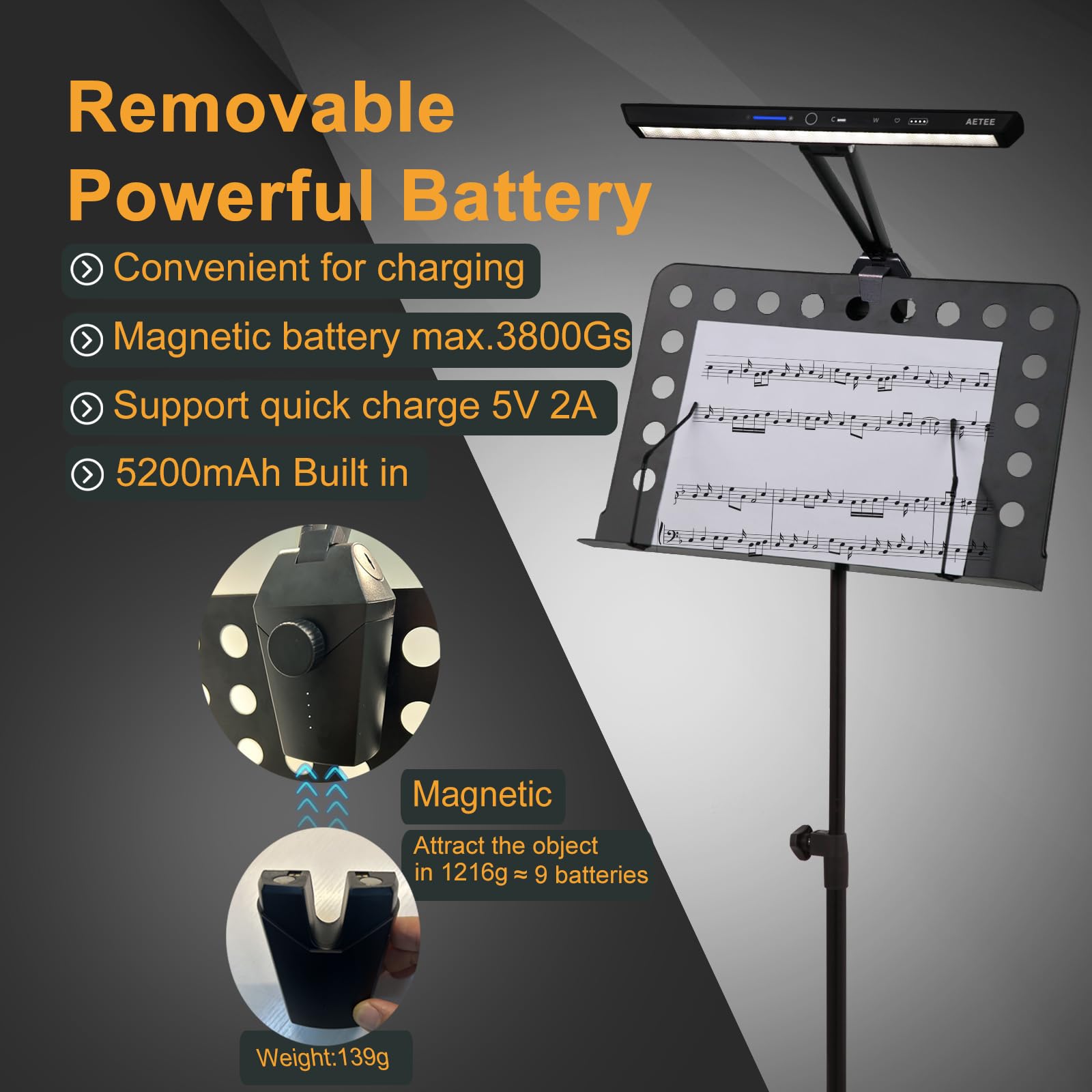 Notenständer Lichter Clip On LED Wiederaufladbar mit eingebautem 4000mAh Lithium Batteriebetrieben Typ-C Augenpflege Notenblatt Lampe Faltbar für Orchester