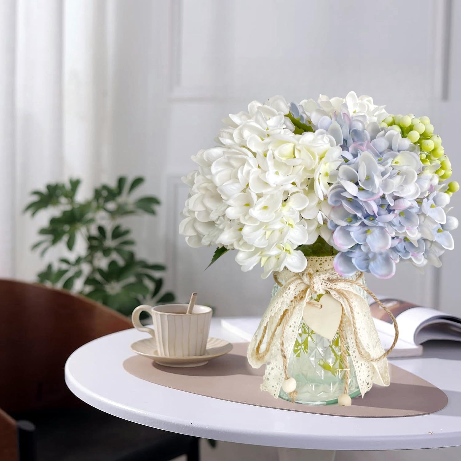 Faux Hydrangeas in Glass Vase, Artificial Fake Flower Silk Hydrangea Bouquet with Vase, Table Centerpiece Decorations Wedding Bouquets for Party Office Farmhouse Kitchen Home Decor (Blue& White) 8 71A6cR4BQwL. AC SL1500