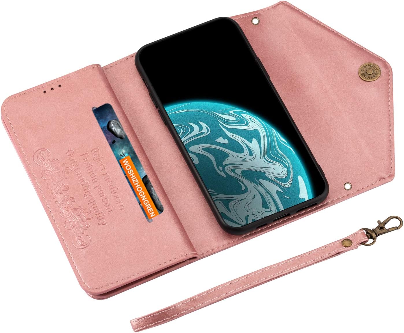 Wallet Case for iPhone X/iPhone Xs, Women Matte Leather with Viewing Stand Camera Lens Protection Shockproof Multiple Card Holders Cover with Shoulder and Wrist Straps